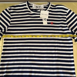 COMME des GARÇONS PLAY Navy and White Stripe heart logo T-shirt